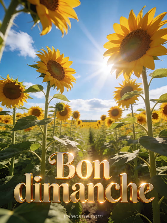 Champ de tournesols sous un ciel bleu éclatant avec rayons de soleil et le texte Bon dimanche en lettres dorées