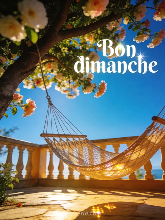 Terrasse ensoleillée avec un hamac sous un arbre en fleurs et ciel bleu intense avec le texte Bon dimanche