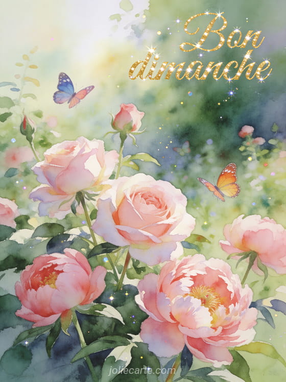 Jardin luxuriant avec roses et pivoines en floraison, papillons colorés et lumière douce du matin style aquarelle avec le texte Bon dimanche