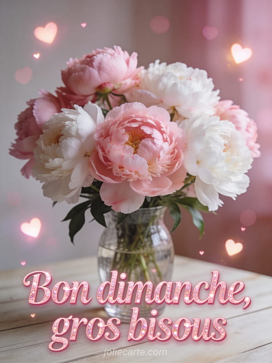 Bouquet de pivoines roses et blanches dans un vase en verre avec petits coeurs lumineux et le texte Bon dimanche gros bisous