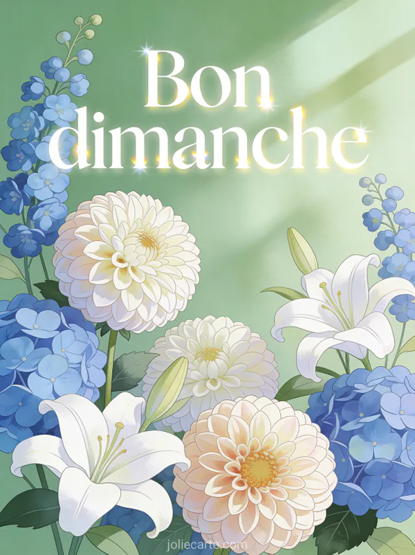 Composition florale avec dahlias, hortensias bleus et lys blancs sur fond vert tendre en style illustration botanique avec le texte Bon dimanche