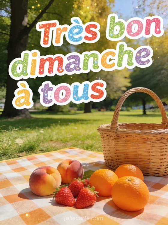 Scène de pique-nique dans un parc verdoyant avec nappe à carreaux, fruits frais et panier en osier sous une lumière dorée avec le texte Très bon dimanche à tous