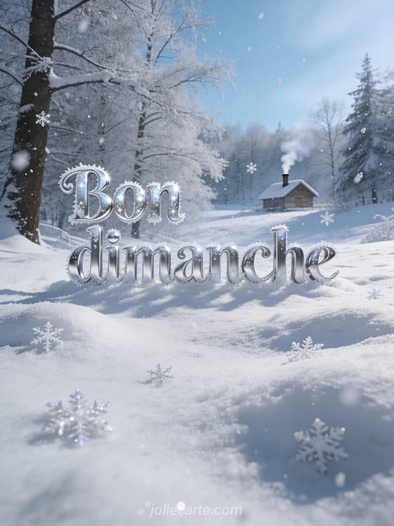 Paysage hivernal avec arbres enneigés et petit chalet au loin avec cheminée fumante sous un ciel bleu pâle avec le texte Bon dimanche