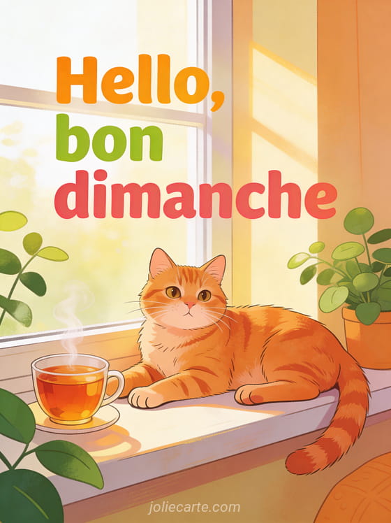 Chat roux allongé sur un rebord de fenêtre avec tasse de thé fumante et plantes vertes en style illustration chaleureuse avec le texte Hello bon dimanche