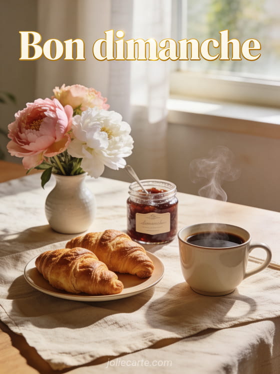 Table de petit déjeuner avec croissants dorés, tasse de café fumante, confiture et fleurs fraîches dans la lumière du matin avec le texte Bon dimanche