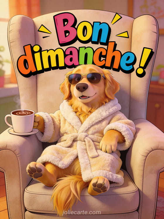 Golden retriever en peignoir et lunettes de soleil assis dans un fauteuil avec une tasse de chocolat chaud en style illustration 3D avec le texte Bon dimanche