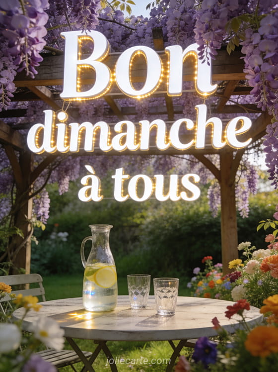 Jardin fleuri avec tonnelle en bois couverte de glycine mauve, table de jardin avec carafe d’eau citronnée et le texte Bon dimanche à tous