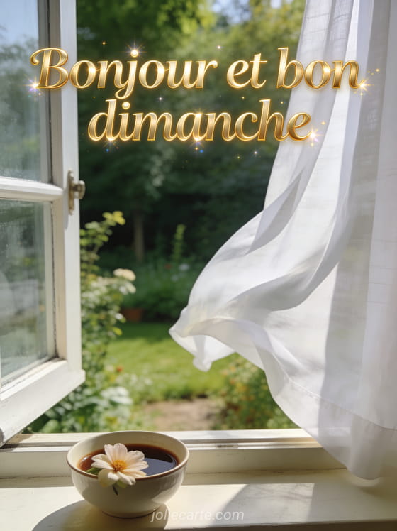 Fenêtre ouverte avec vue sur un jardin verdoyant, rideaux blancs flottant dans la brise et bol de café sur le rebord avec le texte Bonjour et bon dimanche
