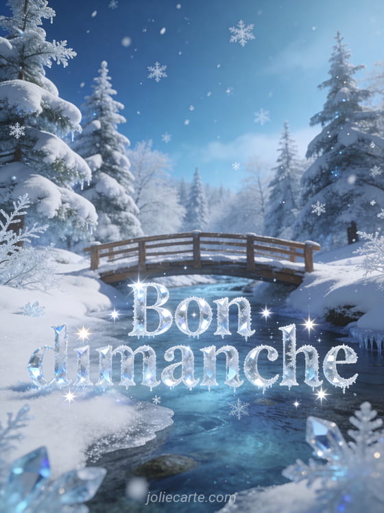 Paysage enneigé féérique avec sapins couverts de neige et petit pont en bois au-dessus d’un ruisseau gelé sous des flocons avec le texte Bon dimanche
