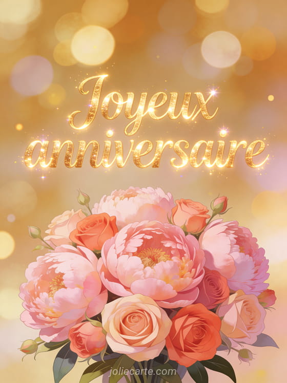 Bouquet de pivoines et roses rose poudré et corail avec le texte Joyeux anniversaire en lettres dorées lumineuses sur fond de bokeh doré