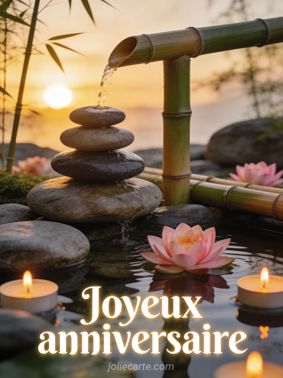 Jardin zen japonais avec galets empilés, fontaine en bambou, lotus roses sur eau calme et bougies avec le texte Joyeux anniversaire