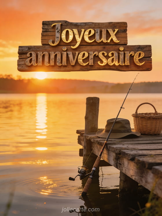 Bord de lac au lever du soleil avec canne à pêche posée contre un ponton en bois, chapeau et panier en osier avec le texte Joyeux anniversaire