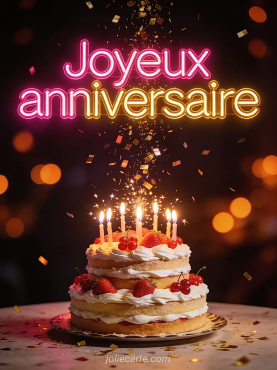 Gâteau d'anniversaire à trois étages décoré de crème et fruits rouges avec bougies allumées et confettis dorés avec le texte Joyeux anniversaire