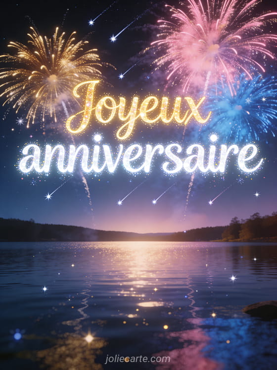 Ciel nocturne avec feux d'artifice multicolores dorés roses et bleus au-dessus d'un lac avec reflets lumineux et le texte Joyeux anniversaire