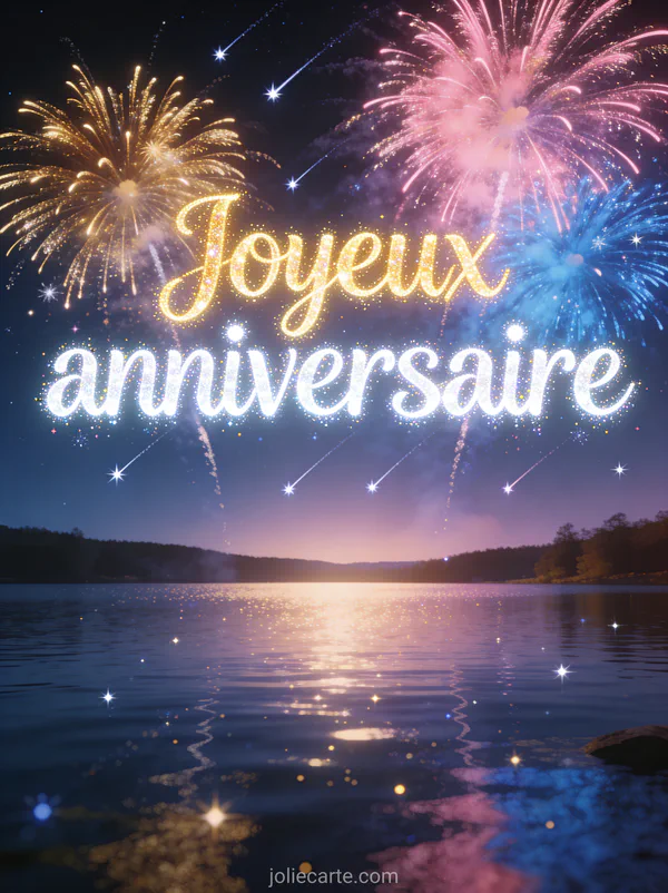 Ciel nocturne avec feux d'artifice multicolores dorés roses et bleus au-dessus d'un lac avec reflets lumineux et le texte Joyeux anniversaire