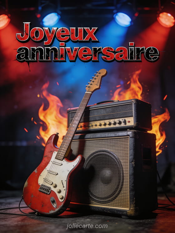 Guitare électrique rouge contre un amplificateur vintage avec éclairs lumineux et spots colorés avec le texte Joyeux anniversaire style grunge