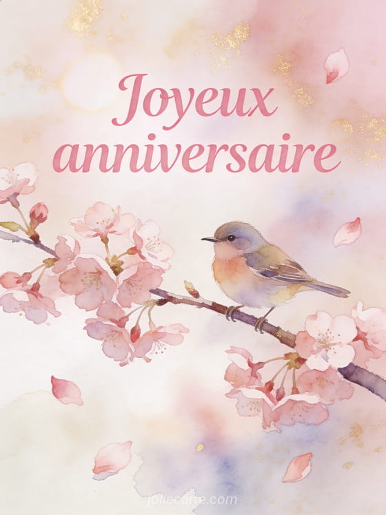 Illustration aquarelle d'un petit oiseau sur une branche de cerisier en fleurs avec pétales roses et le texte Joyeux anniversaire