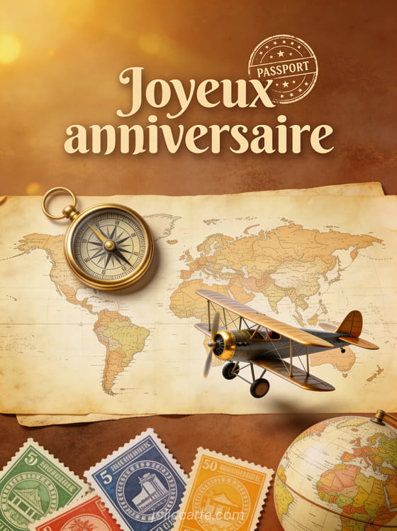 Carte du monde ancienne avec boussole dorée, avion vintage en vol, timbres postaux et globe terrestre avec le texte Joyeux anniversaire