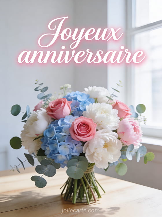 Somptueux bouquet de roses roses, pivoines blanches et hortensias bleu pastel sur table en bois clair avec le texte Joyeux anniversaire