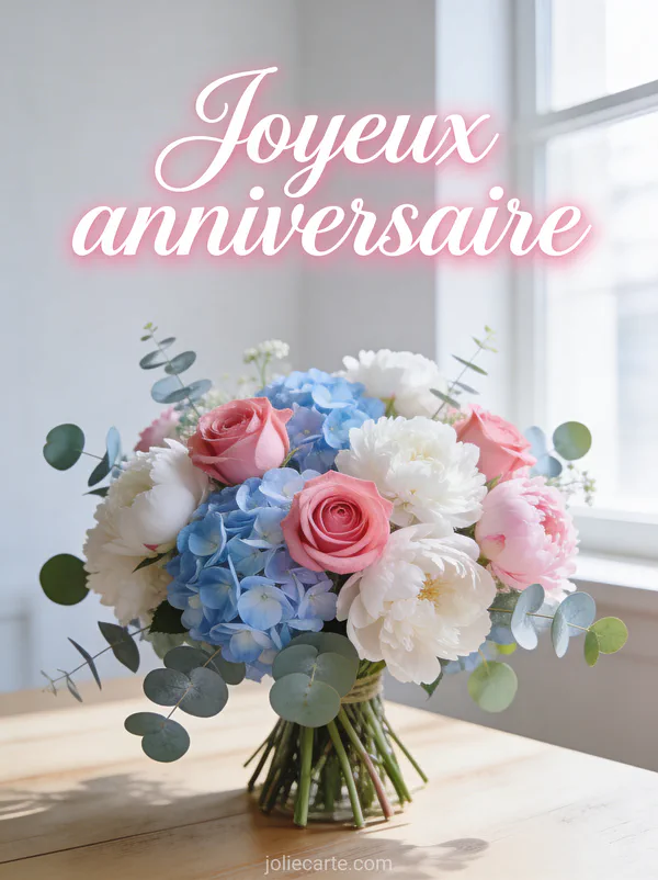Somptueux bouquet de roses roses, pivoines blanches et hortensias bleu pastel sur table en bois clair avec le texte Joyeux anniversaire