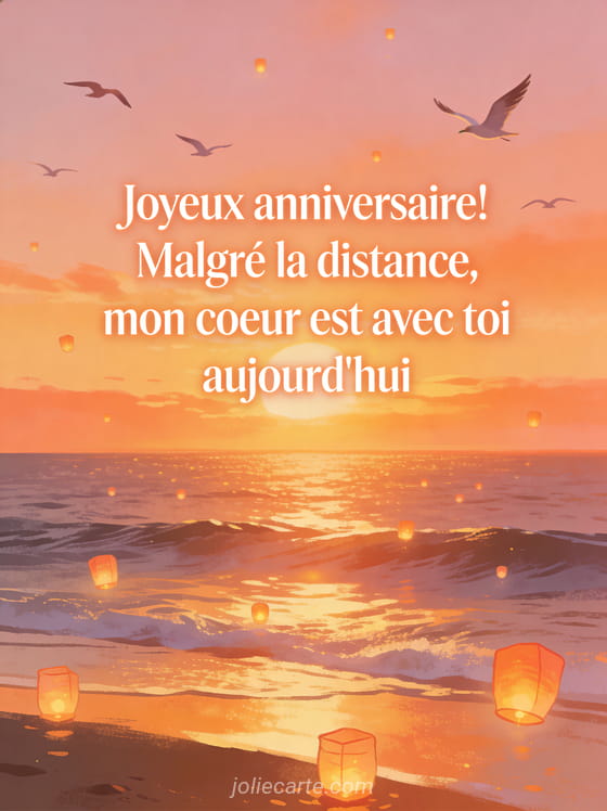 Coucher de soleil sur l'océan aux teintes roses et dorées avec oiseaux en vol et lanternes lumineuses avec le texte Joyeux anniversaire
