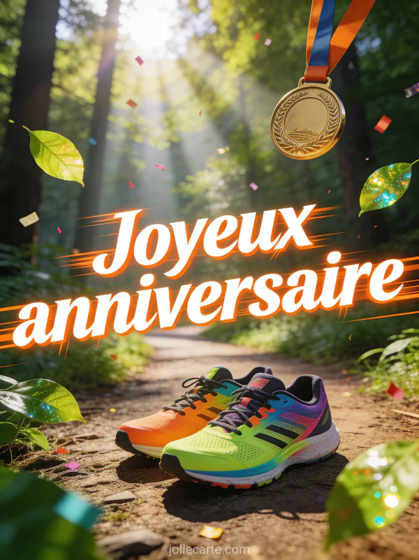 Chaussures de course colorées sur sentier de forêt ensoleillé avec médaille dorée et confettis avec le texte Joyeux anniversaire
