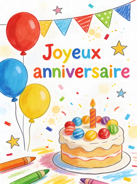 Illustration colorée style dessin avec ballons multicolores, gâteau décoré de bonbons, guirlandes et confettis avec le texte Joyeux anniversaire