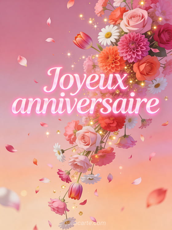 Cascade de fleurs colorées roses, corail et blanches avec roses, dahlias et tulipes et lumières scintillantes avec le texte Joyeux anniversaire