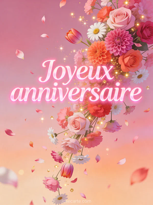 Cascade de fleurs colorées roses, corail et blanches avec roses, dahlias et tulipes et lumières scintillantes avec le texte Joyeux anniversaire