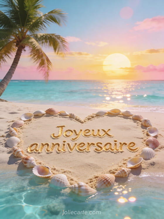 Texte Joyeux anniversaire écrit dans le sable doré d'une plage avec coquillages en coeur, eau turquoise et coucher de soleil