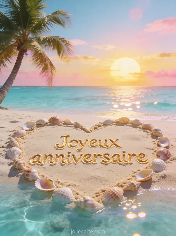 Texte Joyeux anniversaire écrit dans le sable doré d'une plage avec coquillages en coeur, eau turquoise et coucher de soleil