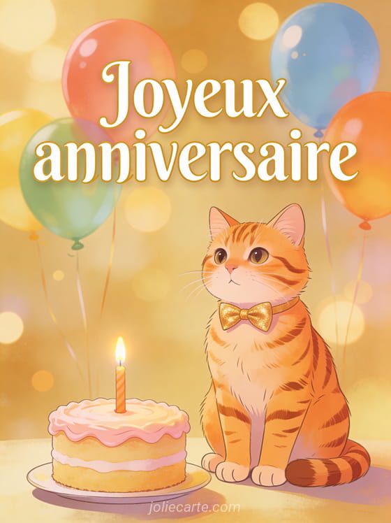 Adorable chat roux tigré avec noeud papillon doré à côté d'un petit gâteau d'anniversaire avec bougie et ballons colorés avec le texte Joyeux anniversaire