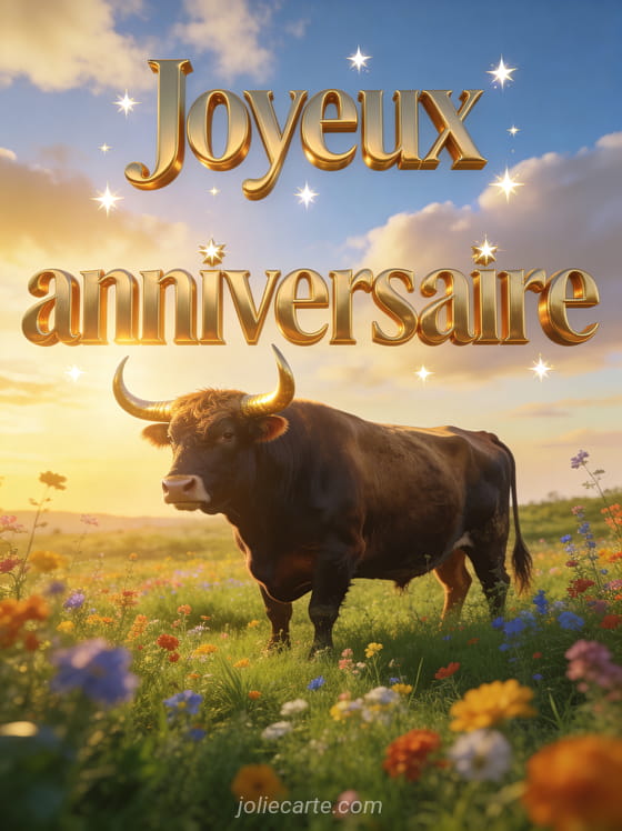 Taureau majestueux dans un pré verdoyant avec fleurs sauvages et cornes dorées au soleil couchant avec le texte Joyeux anniversaire
