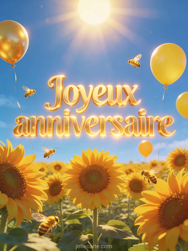 Champ de tournesols éclatants en plein soleil d'été sous ciel bleu avec ballons dorés et abeilles avec le texte Joyeux anniversaire