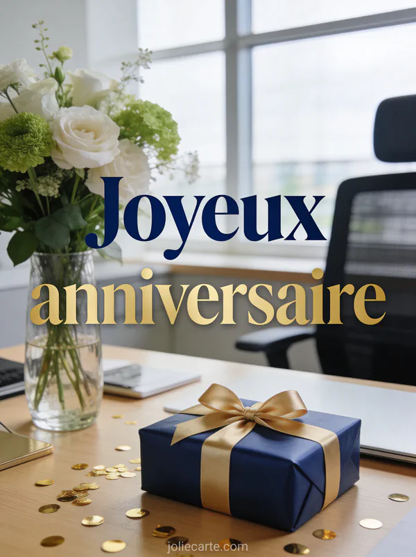 Bureau chic avec bouquet de fleurs blanches, cadeau emballé bleu marine et ruban doré, confettis dorés et lumière naturelle avec le texte Joyeux anniversaire