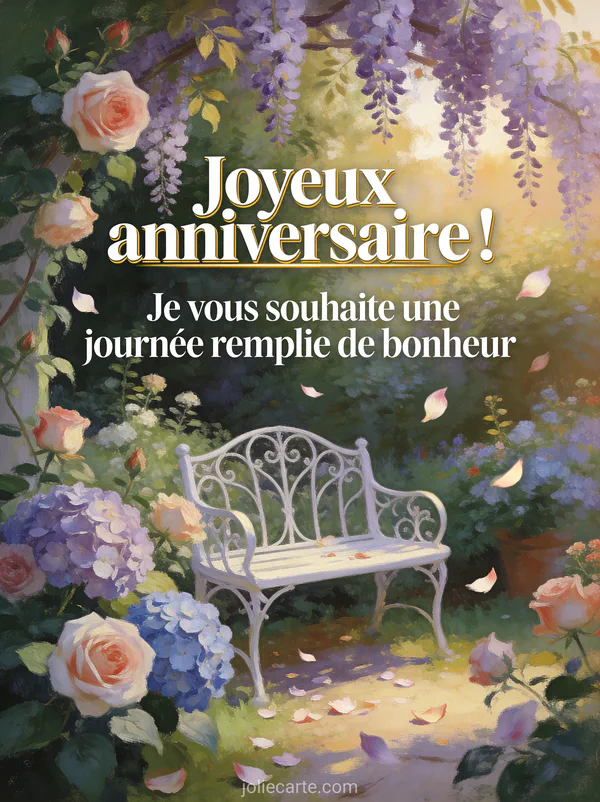 Jardin fleuri avec roses, hortensias et glycines en cascade, petit banc en fer forgé blanc et pétales au vent avec le texte Joyeux anniversaire