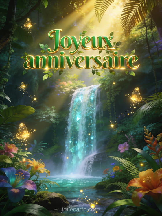 Cascade d'eau cristalline entourée de végétation tropicale luxuriante avec fleurs exotiques et lucioles dorées avec le texte Joyeux anniversaire