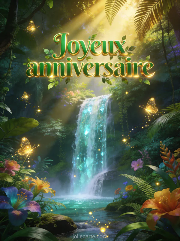 Cascade d'eau cristalline entourée de végétation tropicale luxuriante avec fleurs exotiques et lucioles dorées avec le texte Joyeux anniversaire