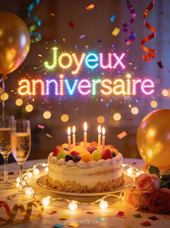 Table de fête avec gâteau décoré, coupes de champagne, guirlandes lumineuses, ballons dorés et confettis avec le texte Joyeux anniversaire