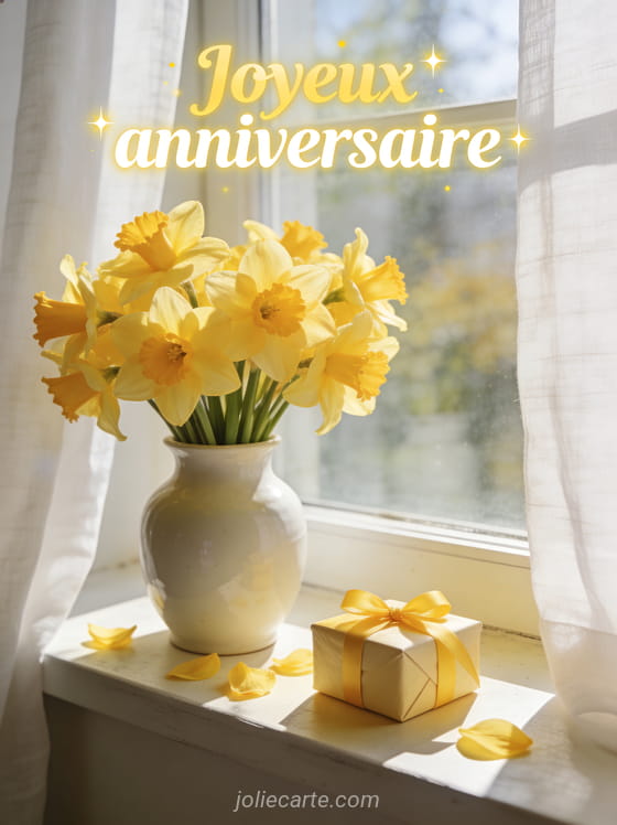 Bouquet de jonquilles jaune vif dans un vase en céramique blanche sur rebord de fenêtre ensoleillé avec cadeau et ruban jaune avec le texte Joyeux anniversaire