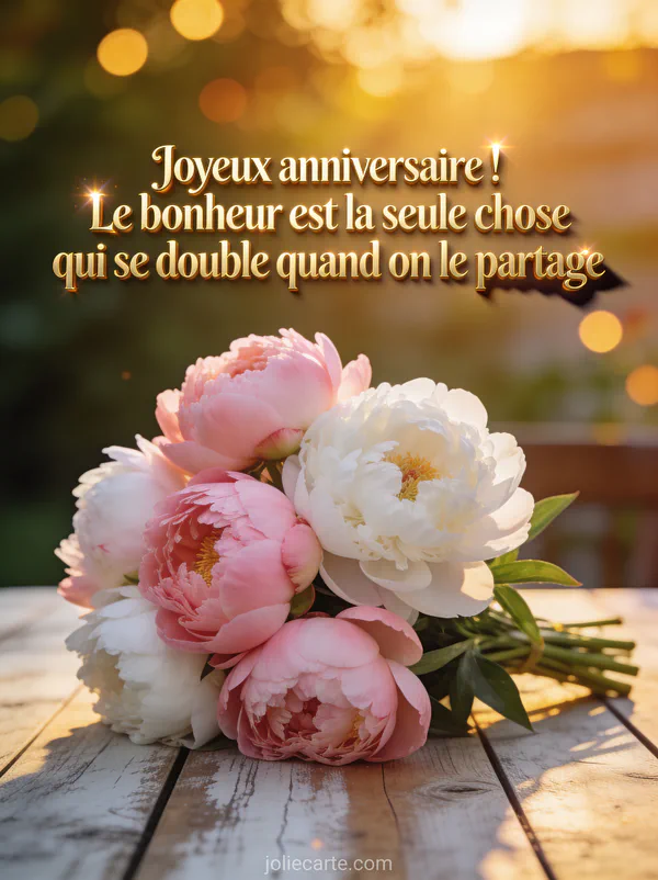 Bouquet de pivoines roses et blanches sur une table en bois patiné avec le texte Joyeux anniversaire en lettres dorées, lumière de fin de journée