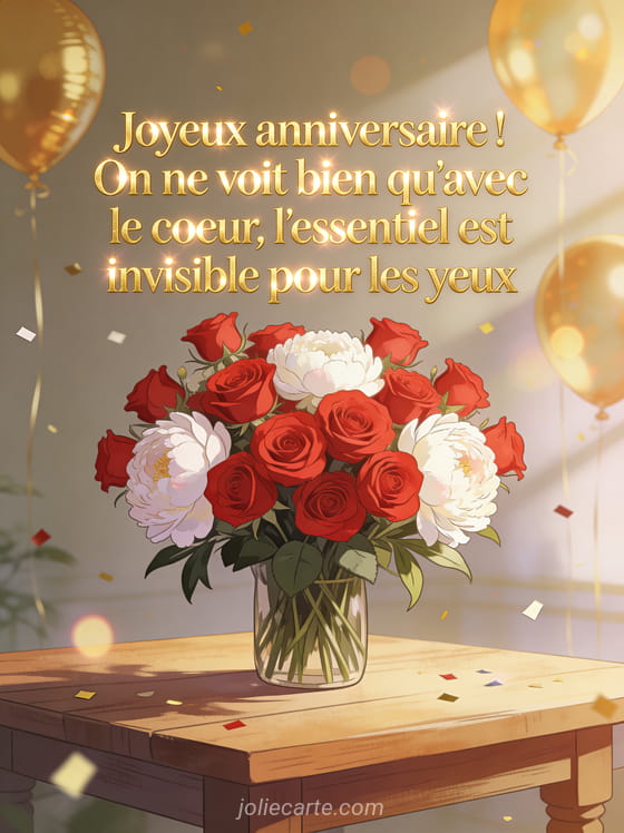 Bouquet de roses rouges et pivoines blanches sur une table en bois avec texte dore joyeux anniversaire et ballons dores