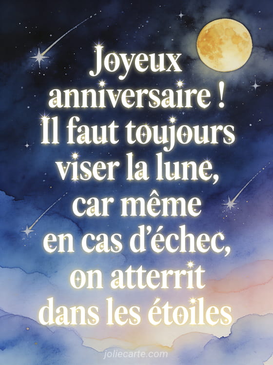 Ciel étoilé profond avec une lune dorée et des étoiles filantes, texte Joyeux anniversaire en lettres blanches lumineuses, style aquarelle nocturne