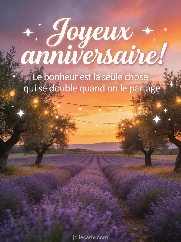 Paysage de campagne provencale au coucher du soleil avec champs de lavande et guirlandes lumineuses entre des oliviers