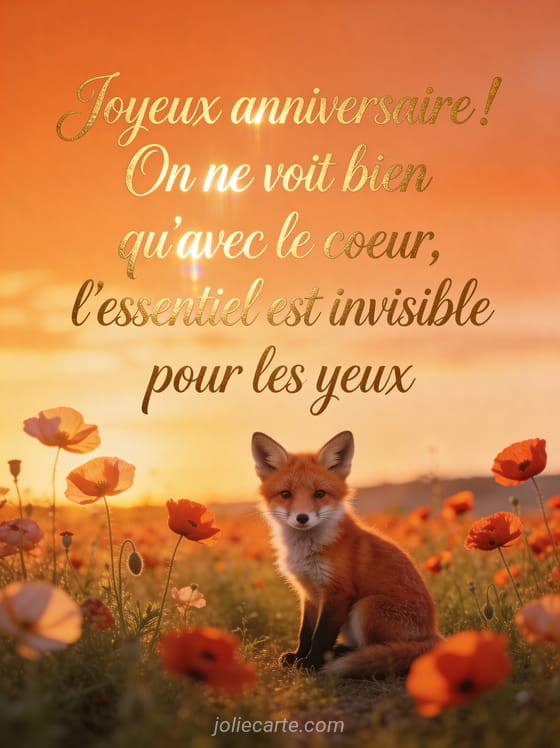 Petit renard roux assis dans un champ de coquelicots au coucher du soleil avec le texte Joyeux anniversaire en lettres cursives dorées