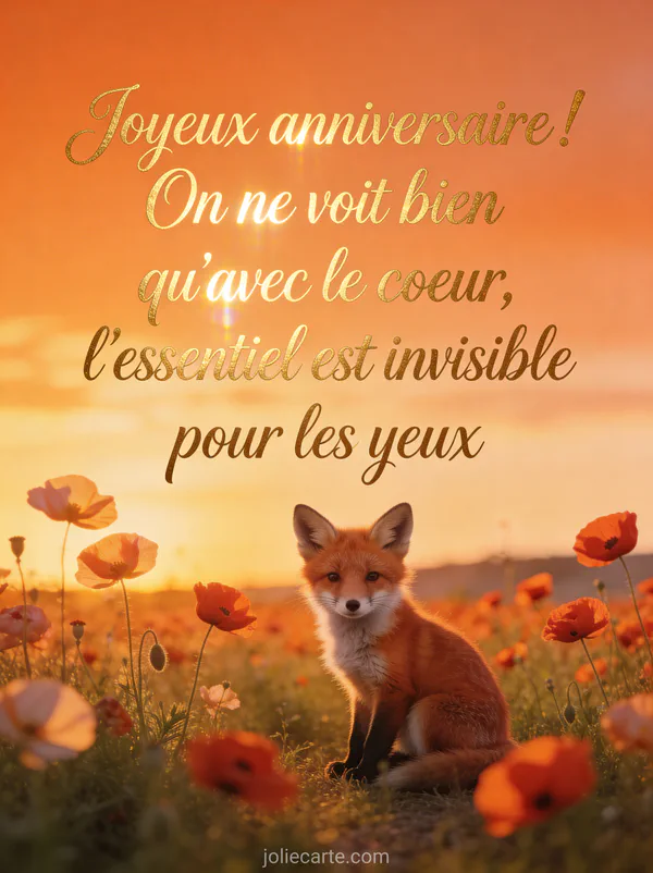 Petit renard roux assis dans un champ de coquelicots au coucher du soleil avec le texte Joyeux anniversaire en lettres cursives dorées