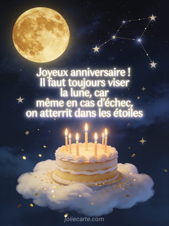 Ciel nocturne feerique avec grande lune doree et etoiles scintillantes avec gateau d'anniversaire sur un nuage et texte lumineux