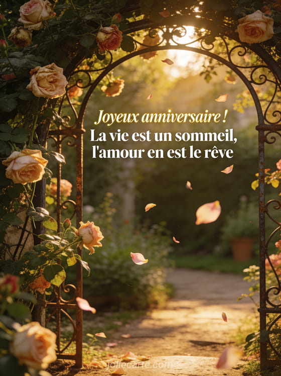Jardin secret avec roses anciennes grimpantes sur une arche en fer forgé, pétales qui volent, lumière de golden hour avec texte Joyeux anniversaire