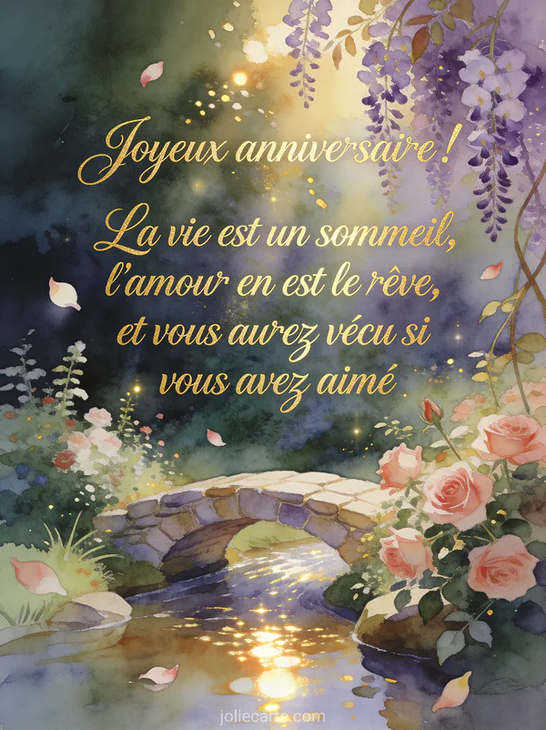 Jardin enchante en aquarelle avec roses et glycines, petit pont de pierre au-dessus d'un ruisseau et lumiere doree tamisee