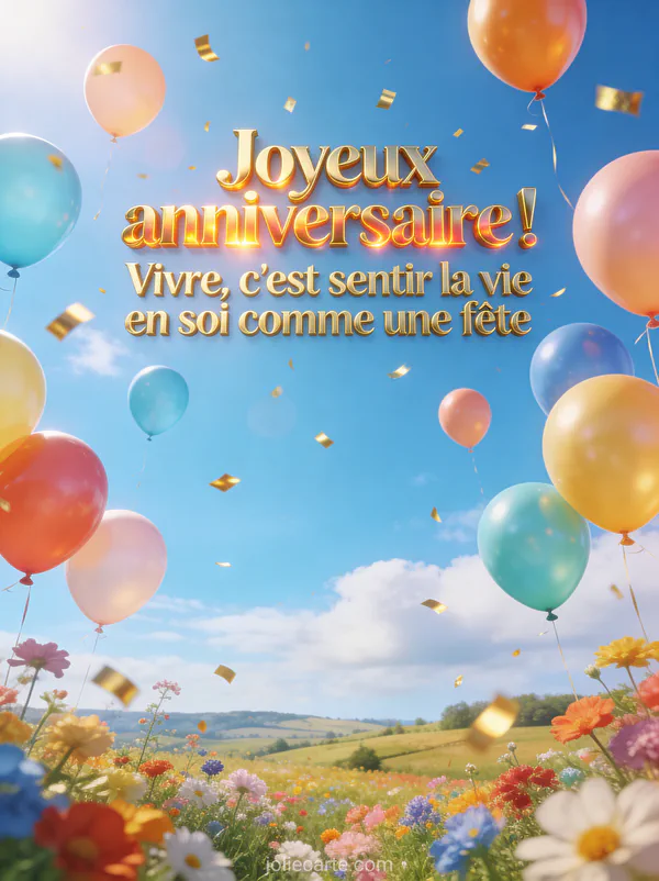 Ballons colorés s'envolant dans un ciel bleu lumineux au-dessus d'une campagne fleurie avec confettis dorés et texte Joyeux anniversaire